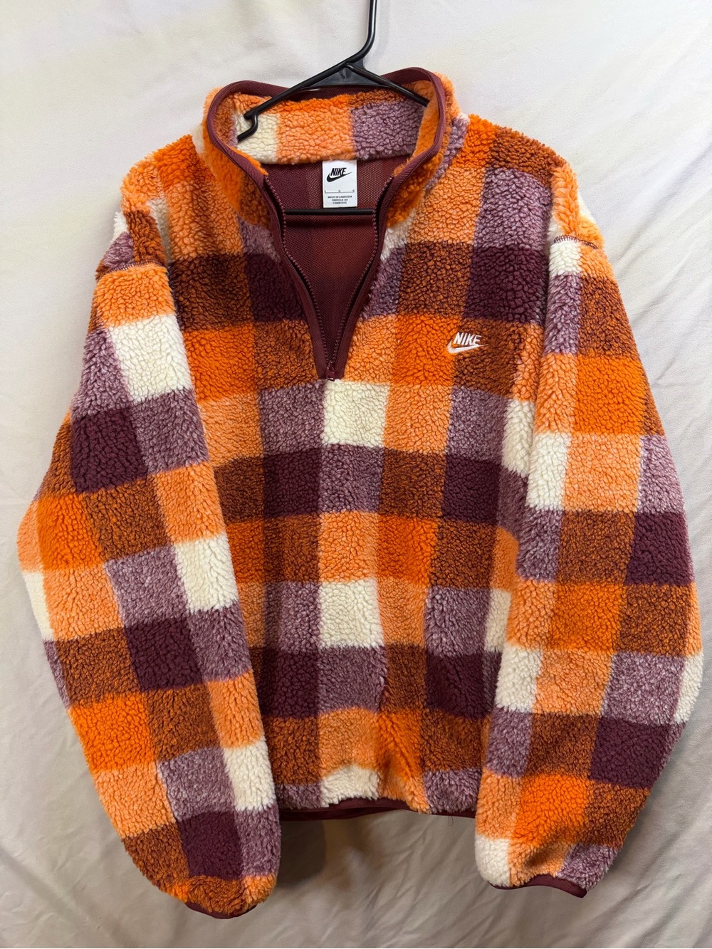 Nike Men's Sherpa Quarter-Zip Pullover - Orange, Maroon, Cream Plaid